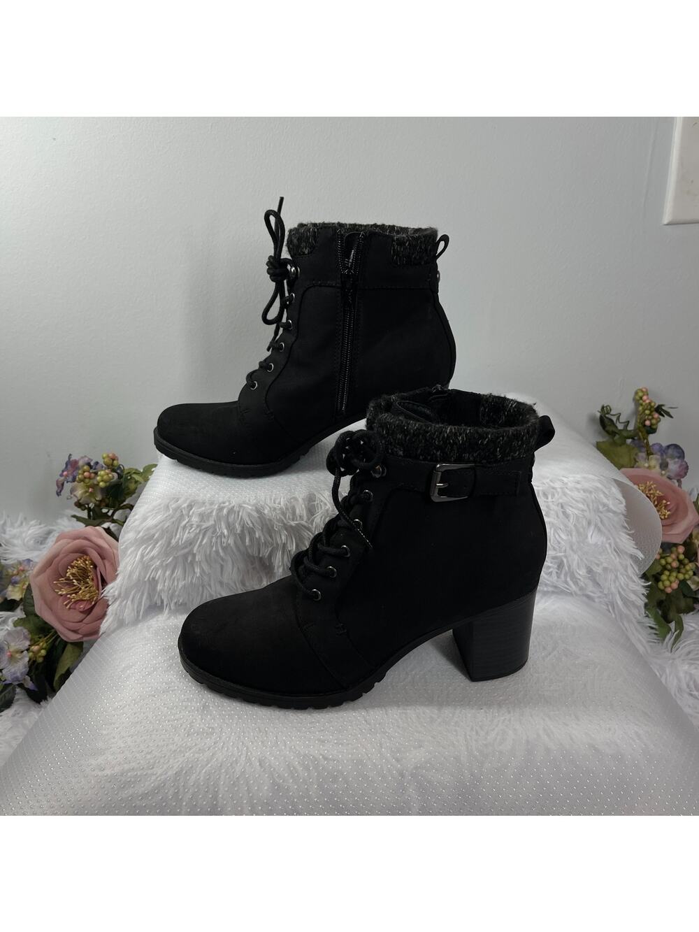 Kim Rogers Ankle Boots Women's 8 Black Knit Trim Block Heel Whimsigoth‎ Gorpcore